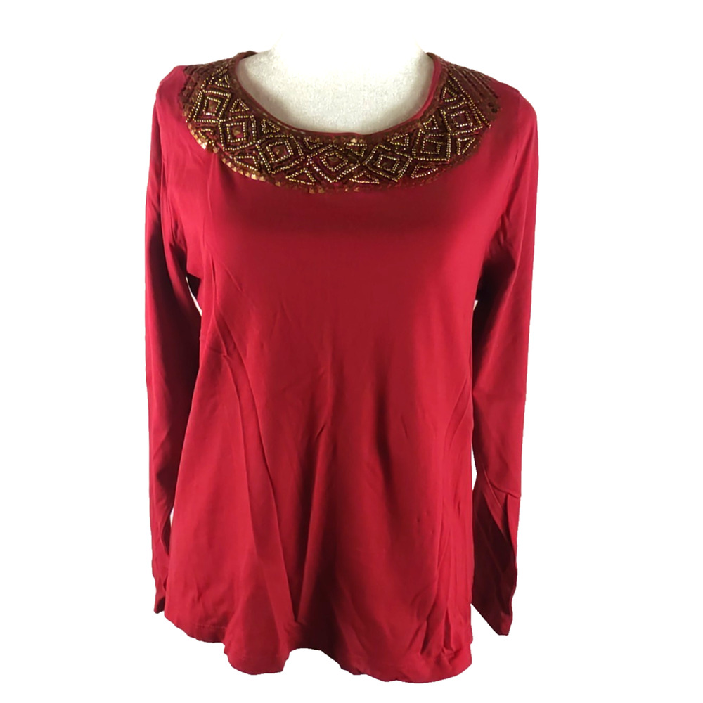 Chico's Women's Long Sleeve Beaded T Shirt Red Gold Beads Size 1 Medium